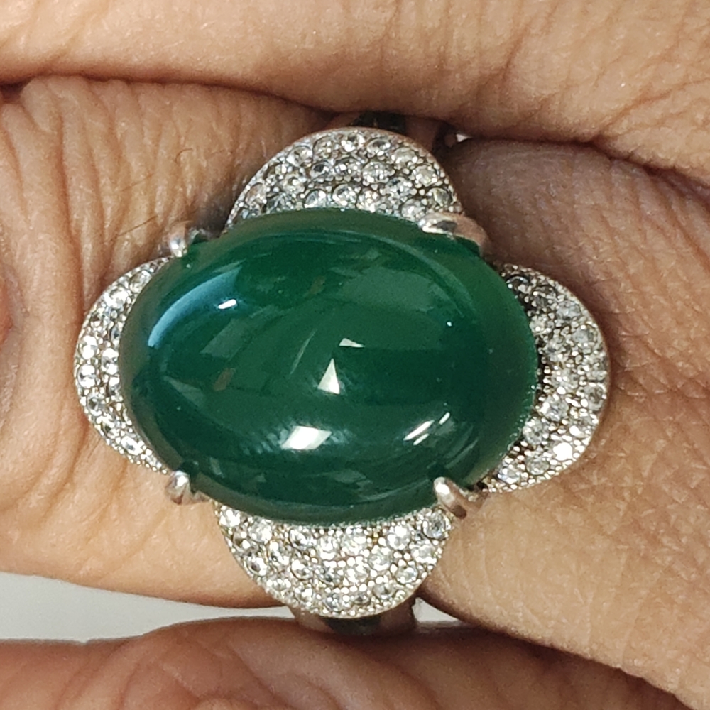 Elegant Green Gemstone Size Adjustable S925Silver Ring.